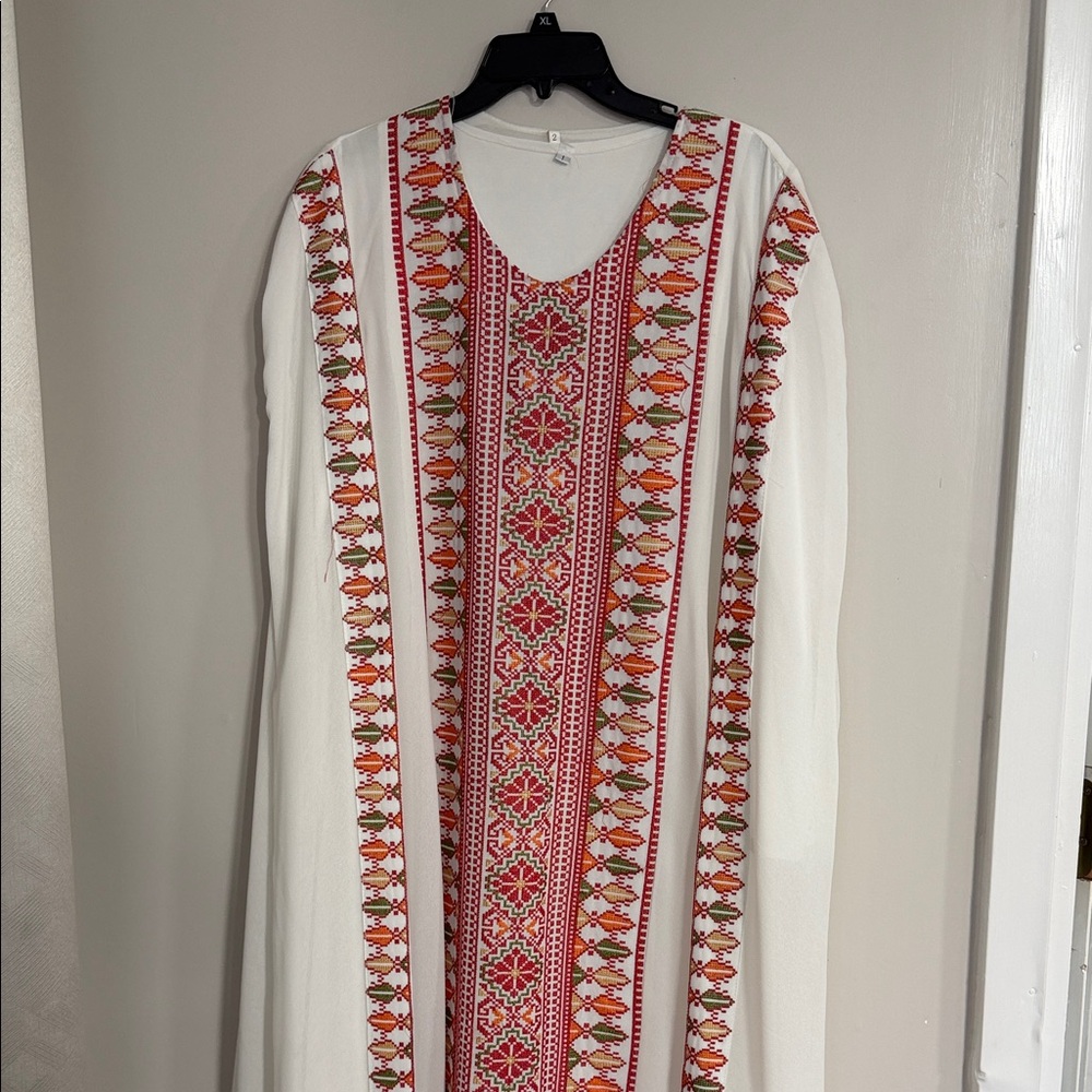 Embroidered Maxi 2 piece Abaya Kaftan Dress with Red & Orange Folk Trim